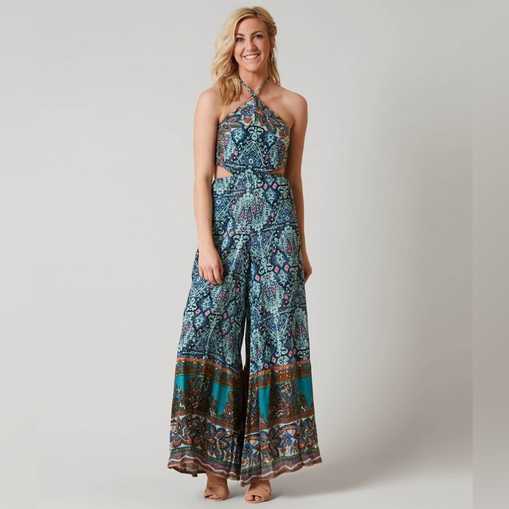 Free People Maribelle Jumpsuit Bohemian Turquoise Blue Festival Jumper sz L, NEW